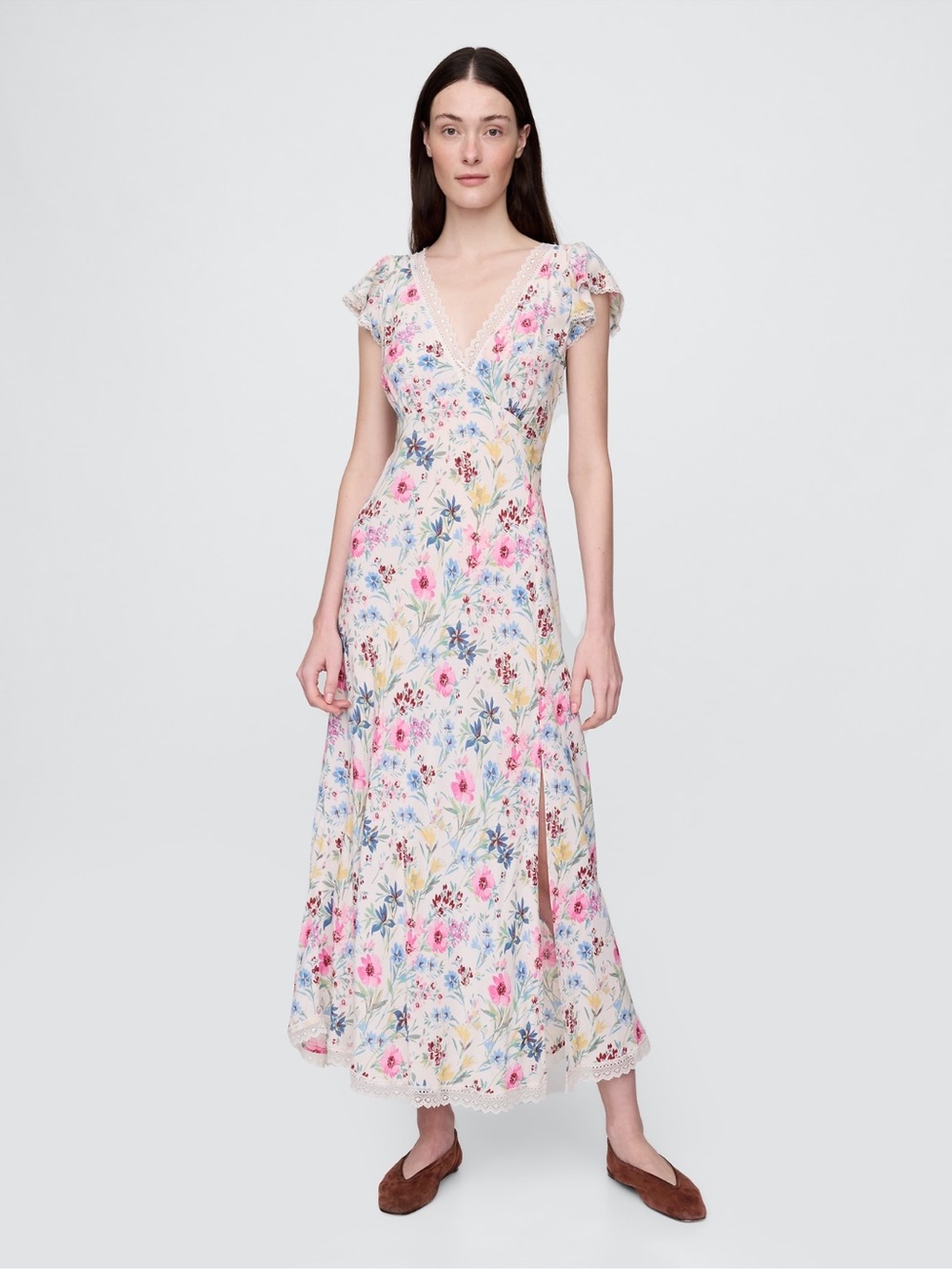 Floral V-Neck Cap Sleeve Maxi Dress in Pink and Blue